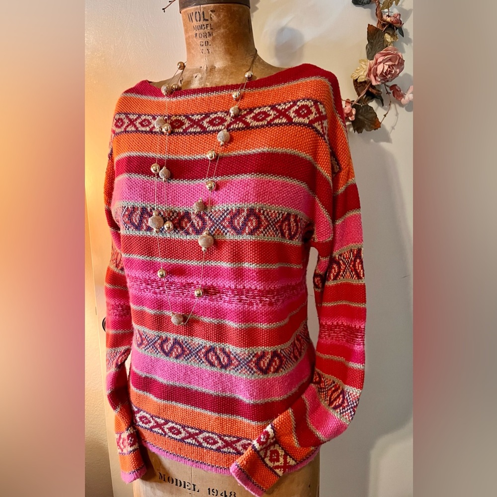 Aztec Navajo Tribal Ralph Lauren Pink Orange Southwestern Fair Isle Sweater